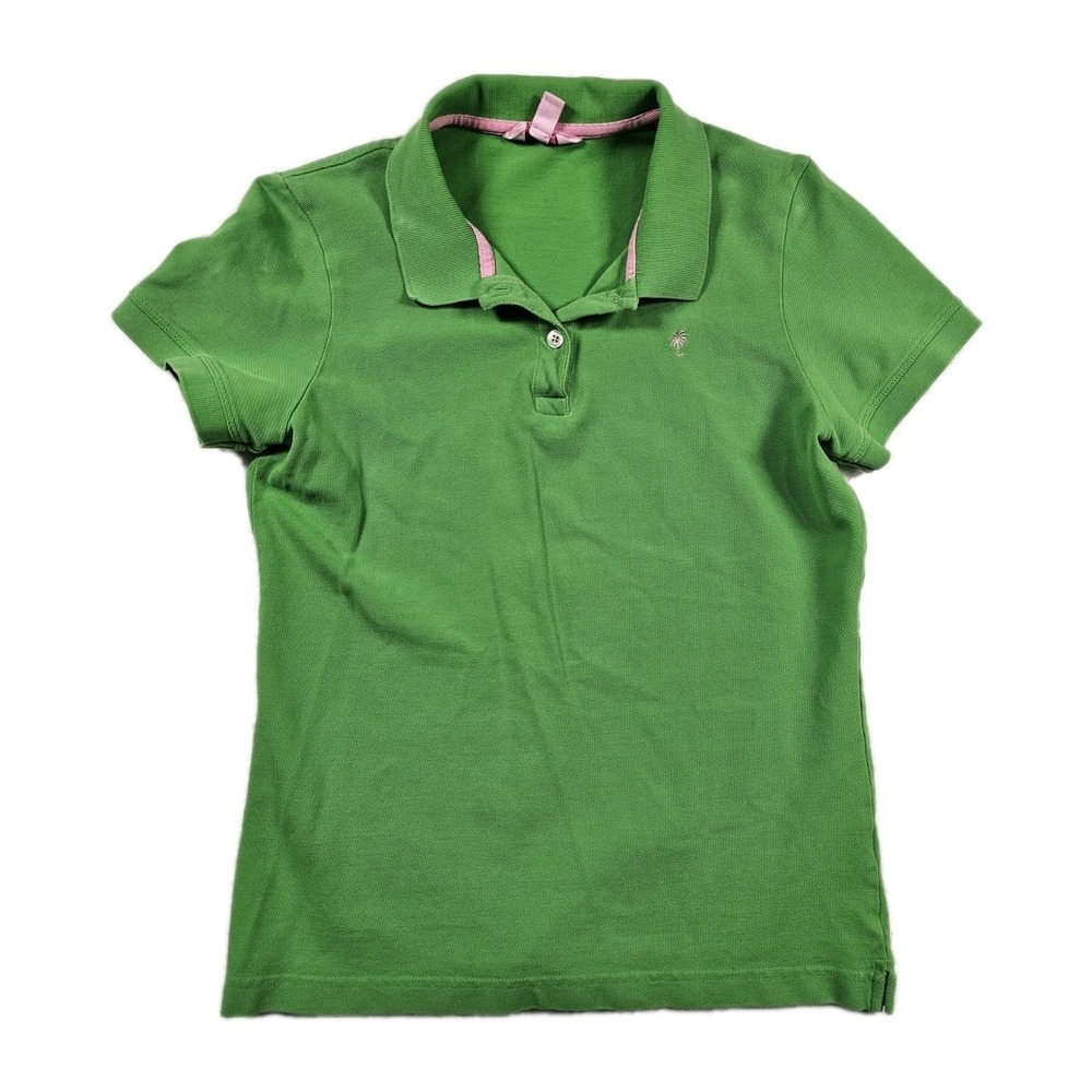 Lilly Pulitzer Womens Polo Shirt Medium Green Pink Trim Pima Cotton Stretch